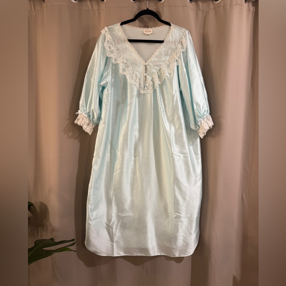 Barbizon Vintage Elegant Lace Trim Nightgown - Light Blue
